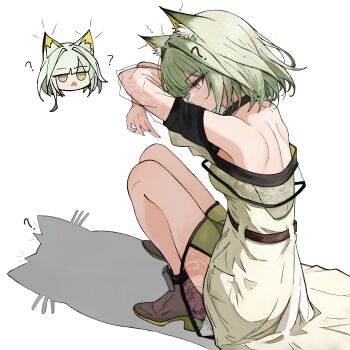  1girl absurdres animal_ear_fluff animal_ears arknights arms_up bare_shoulders belt black_belt black_choker block_heels breasts brown_shoes cat_ears cat_girl cat_shadow_puppet_(meme) chibi chibi_inset choker commentary double_w dress english_commentary full_body green_dress green_eyes green_hair hair_intakes highres kal'tsit_(arknights) meme no_jacket off-shoulder_dress off_shoulder shadow_puppet shoes short_hair simple_background sinemi small_breasts squatting w white_background 