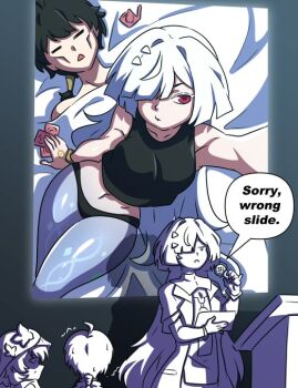  ahoge aljune_art black_shirt condom guy_tired_after_sex_(meme) implied_sex long_hair male_rover_(wuthering_waves) meme microphone mornye_(wuthering_waves) podium presentation_gone_wrong_(meme) red_eyes rover_(wuthering_waves) see-through_body shirt shorekeeper_(wuthering_waves) speech_bubble white_hair wuthering_waves 