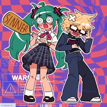  1boy 1girl @_@ ahoge bandages blonde_hair blush book coke-bottle_glasses collared_shirt confessions_of_a_rotten_girl_(vocaloid) cross_hair_ornament fujoshi gakuran glasses green_hair hair_ornament hatsune_miku himedanshi holding holding_book kagamine_len long_hair mary_janes nervous open_mouth plaid_clothes plaid_skirt plus_danshi_(vocaloid) pornography school_uniform shirt shoes short_sleeves skirt socks spiked_hair tissue_in_nose twintails very_long_hair vocaloid white_shirt xnesaiu yaoi_paddle 