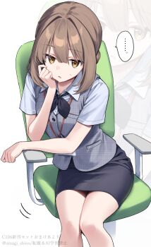  ... 1girl amagi_shino annoyed black_neckerchief black_skirt blue_shirt brown_eyes brown_hair chair commentary_request grey_vest highres looking_at_viewer neckerchief office_chair office_lady original pencil_skirt receptionist_kohai_(amagi_shino) shirt short_hair skirt solo speech_bubble spoken_ellipsis swivel_chair vest white_background zoom_layer 