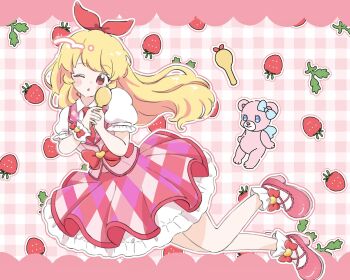  1girl :o aikatsu! aikatsu!_(series) angely_bear_(aikatsu) bare_legs blonde_hair blue_eyes blush_stickers bow cha_(ntrikti) checkered_clothes checkered_skirt floating_hair food frilled_skirt frilled_sleeves frills fruit full_body gingham_background hand_up highres holding hoshimiya_ichigo idol idol_clothes long_hair looking_at_viewer no_pupils one_eye_closed outline pink_background pink_shoes pink_skirt pink_vest red_bow shamoji shoes short_sleeves skirt solo straight_hair strawberry stuffed_toy vest vest_bow white_outline white_sleeves 