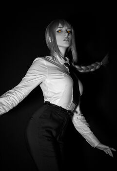  1girl belt belt_buckle black_background black_belt black_nails black_necktie blunt_bangs braid braided_ponytail breasts buckle chainsaw_man collared_shirt cosplay_photo cowboy_shot curvy demon_girl floating_hair formal_clothes glowing glowing_eyes high-waist_pants highres long_hair long_sidelocks looking_at_viewer makima_(chainsaw_man) medium_breasts monochrome_background nail_polish necktie nose office_lady open_hands outstretched_arms pants photo_(medium) raised_eyebrows ringed_eyes shirt shirt_tucked_in sidelocks simple_background single_braid solo spot_color standing straight-on white_shirt wing_collar xenon yellow_eyes 