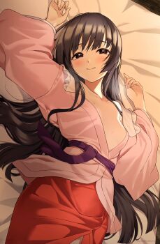  1girl blush brown_eyes brown_hair closed_mouth collared_shirt commentary_request frilled_shirt_collar frills highres houraisan_kaguya long_hair long_sleeves looking_at_viewer lying multi-source_commentary on_back open_clothes open_shirt paid_reward_available pink_shirt red_skirt shirt skirt smile solo sweat touhou very_long_hair wide_sleeves yoshinatsu 