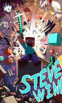  1boy 1girl absurdres arm_up backlighting block_(minecraft) blue_eyes character_name commentary_request crazy_hand dharkon english_text explosion galeem ghast highres holding holding_pickaxe holding_sword holding_weapon ishijimajirou master_hand minecraft minecraft_(style) minecraft_pickaxe minecraft_sword nintendo official_style pickaxe princess_zelda sitting steve_(minecraft) super_smash_bros. sword the_legend_of_zelda weapon 