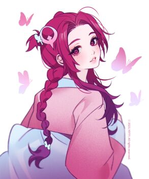  1girl alune_(league_of_legends) blush_stickers braid bug butterfly character_request english_text eyelashes heartsteel_alune highres insect japanese_clothes kimono league_of_legends long_hair long_sleeves looking_at_viewer looking_back pink_kimono quake_(series) quake_1 red_eyes red_hair simple_background solo white_background yotti 