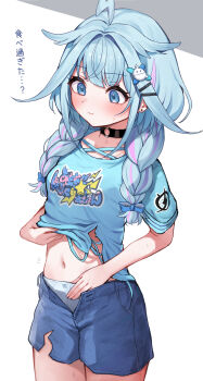  1girl ahoge black_choker blue_bow blue_eyes blue_hair blue_shirt blue_shorts bow braid choker clothes_lift commentary cowboy_shot ear_piercing hair_bow hair_flaps hair_intakes hair_ornament hairclip highres hololive hololive_dev_is lifting_own_clothes lightning_ahoge looking_down low_twin_braids medium_hair midriff mizumiya_su mizumiya_su_(1st_costume) multicolored_hair namama_(namama82) navel o-ring o-ring_choker open_clothes open_fly open_shorts panties parallel_hairclips piercing pink_streaks print_shirt shirt shirt_lift short_shorts short_sleeves shorts simple_background solo streaked_hair torn_clothes torn_shirt torn_shorts twin_braids two-tone_hair underwear virtual_youtuber white_background white_panties x_hair_ornament 