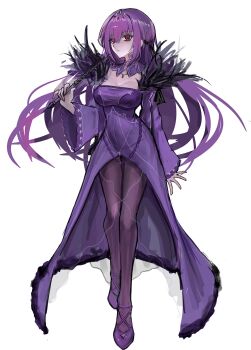  1girl breasts cleavage commentary_request dress expressionless fate/grand_order fate_(series) high_heels highres large_breasts looking_at_viewer pantyhose purple_dress purple_hair rami_(zwndu0) red_eyes scathach_(fate) scathach_skadi_(fate) scathach_skadi_(first_ascension)_(fate) solo wand 