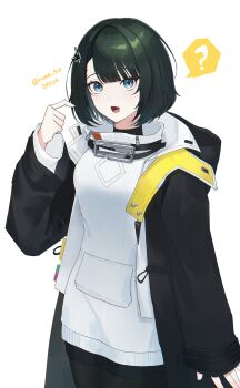  1girl ? absurdres arknights arknights:_endfield black_coat black_hair black_pantyhose blue_eyes bluemallow coat commentary cowboy_shot endministrator_(arknights) female_endministrator_(arknights) highres long_sleeves looking_at_viewer open_clothes open_coat open_mouth pantyhose pointing pointing_at_self ribbed_sweater short_hair simple_background solo spoken_question_mark standing sweater twitter_username white_background white_sweater 