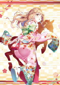  1boy 2026 :o ahoge androgynous ass blush chinese_zodiac crossdressing crossdressing_(mtf) curvy from_behind hair_ornament happy_new_year highres horse_(chinese_zodiac) huge_ass japanese_clothes kimono long_hair looking_at_viewer looking_back natsusora_wakana new_year novady open_mouth orange_hair original shadow shiny_skin solo trap wide_hips year_of_the_horse yellow_eyes yukata 