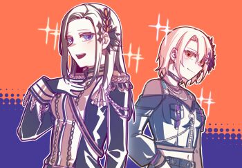  2girls aiguillette bai_weizi_lingzi bang_dream! black_gloves black_hair black_jacket black_shirt blonde_hair breasts closed_mouth cosplay costume_switch crossover epaulettes gloves hand_on_own_chest hand_up hasumi_leia hasumi_leia_(cosplay) highres jacket long_hair long_sleeves looking_at_viewer mahou_shoujo_no_majo_saiban medium_breasts midriff multiple_girls open_mouth outline purple_eyes sash shirt short_hair shoulder_sash smile sparkle upper_body wakana_rei wakana_rei_(cosplay) white_outline yellow_eyes 