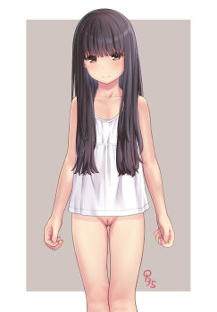  1girl absurdres aoi_kumiko black_hair blush border bottomless brown_eyes brown_hair camisole cleft_of_venus collarbone cowboy_shot female_focus grey_background highres loli long_hair looking_at_viewer nude_filter original outside_border pussy simple_background sleeveless smile solo thighs third-party_edit underwear white_border white_camisole  rating:Explicit score:291 user:schwarz-wohlf