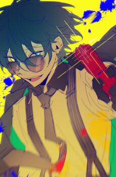  1boy bright_pupils collared_shirt commentary detective_dance_(ensemble_stars!) english_commentary ensemble_stars! gun hair_between_eyes hand_up heterochromia highres holding holding_gun holding_weapon kagehira_mika looking_at_viewer male_focus necktie official_alternate_costume open_mouth paint_splatter shirt short_hair solo sunglasses suspenders teeth twitter_username upper_body upper_teeth_only utahyaya weapon white_pupils yellow_eyes 