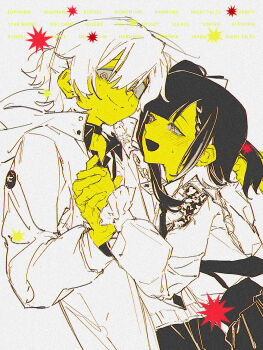  1boy 1girl @_@ absurdres black_hair blush braid closed_mouth coat colored_skin couple cowboy_shot earrings hetero highres holding_hands hood hood_down izumi_087 jewelry long_hair long_sleeves looking_at_another nervous nervous_sweating open_mouth original red_eyes stud_earrings sweat sweatdrop white_background white_hair yellow_skin 