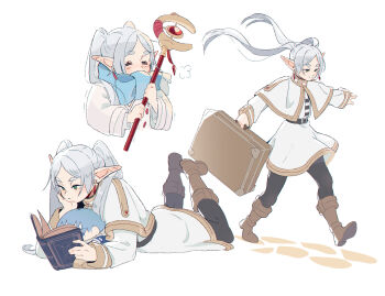  1girl belt black_pantyhose blush blush_stickers book boots brown_boots capelet character_doll closed_mouth cold colored_eyebrows curemi doll dress earrings elbow_rest elf floating_hair frieren green_eyes head_rest highres himmel_(sousou_no_frieren) holding holding_book holding_case holding_staff jacket jewelry legs_up long_hair long_sleeves looking_down lying multiple_expressions multiple_views on_stomach pantyhose parted_bangs pointy_ears reading scarf smile sousou_no_frieren staff stuffed_toy third-party_source trembling twintails walking white_background white_dress white_hair white_jacket  rating:General score:1 user:doopaboop