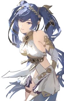  1girl absurdres ancient_greek_clothes armlet arms_behind_back bare_shoulders black_skirt blue_eyes blue_hair breasts commentary cowboy_shot gold_bra greco-roman_clothes highres iuno_(wuthering_waves) jewelry laurel_crown long_hair looking_at_viewer medium_breasts parted_lips showgirl_skirt simple_background skirt smile solo thighlet thighs twintails white_background wuthering_waves yoswr 