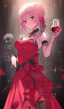  1girl alcohol bare_shoulders blush breasts cup detached_collar dress drinking_glass flower hair_flower hair_ornament highres holding holding_cup hololive hololive_english indoors large_breasts looking_at_viewer medium_hair mori_calliope off-shoulder_dress off_shoulder pink_hair red_dress red_eyes solo virtual_youtuber wine wine_glass xyunx 