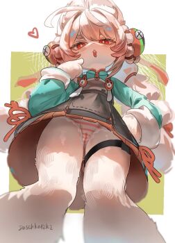  1girl ahoge animal_ear_fluff animal_ears artist_name blush border braid braided_twintails bright_pupils cameltoe chinese_clothes commentary feet_out_of_frame finger_to_cheek from_below furry furry_female green_background green_shirt half-closed_eyes hand_on_own_hip heart lian1545360 long_hair looking_at_viewer medallion open_mouth panties pink_fur pink_hair rabbit_ears rabbit_girl red_eyes screw shirt short_eyebrows solo striped_clothes striped_panties symbol-only_commentary thick_eyebrows thigh_strap underwear white_border white_panties white_pupils zenless_zone_zero zhao_(zenless_zone_zero) 