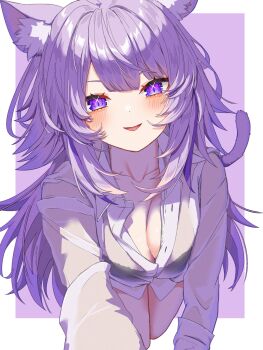  1girl absurdres animal_ear_fluff animal_ears blush breasts cat_ears cat_girl cat_tail cleavage commentary_request highres hololive large_breasts looking_at_viewer nekomata_okayu nekomata_okayu_(oversized_shirt) official_alternate_costume official_alternate_hair_length official_alternate_hairstyle open_mouth purple_eyes purple_hair remynoue shirt smile solo tail virtual_youtuber white_shirt 