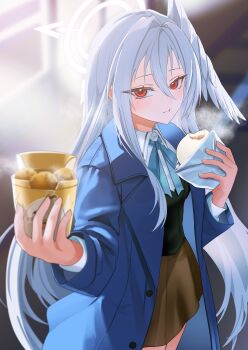  1girl absurdres blue_archive blue_jacket blue_ribbon blush brown_skirt closed_mouth collared_shirt commentary_request feathered_wings food food_in_mouth food_request green_vest hair_between_eyes halo head_wings highres holding holding_food jacket long_hair looking_at_viewer mole mole_under_eye open_clothes open_jacket partial_commentary purple_halo ribbon shirt single_wing skirt solo suzumi_(blue_archive) tax_(zeita_gundam) vest white_hair white_shirt white_wings wings 