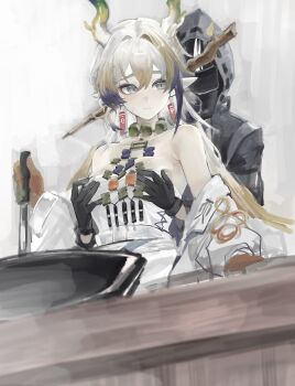  1girl 1other absurdres arknights bare_shoulders behind_another black_gloves blonde_hair blue_hair breasts commentary_request doctor_(arknights) dragon_girl dragon_horns gloves grabbing_another's_breast grabbing_from_behind grabbing_own_breast groping highres hood horns long_hair molestation multicolored_hair sexual_harassment shu_(arknights) small_breasts streaked_hair tiansuo_haoer 