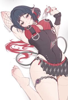  1girl animal_ears armpits black_hair breasts chaisia_art cleavage_cutout clothing_cutout commentary english_commentary feet fishnet_sleeves fishnets highres jane_doe_(zenless_zone_zero) knife mouse_ears mouse_girl one-piece_swimsuit red_hair sharp_tail soles swimsuit thighs toes wide_hips zenless_zone_zero 