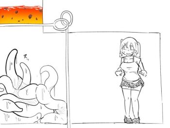  1girl breasts cleavage clenched_hands collarbone escape_ad frown large_breasts lava long_hair miniskirt nakineiriko_(dafdafson) nervous_sweating open_mouth original parody shoes short_twintails sketch skirt slit_pupils standing sweat tank_top tentacles thighhighs twintails worried 