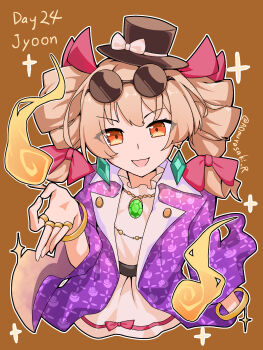  1girl aomurasaki_r black_hat blonde_hair bow character_name clothing_request coat collared_coat dress drill_hair earrings eyewear_on_head floral_print hair_bow hat hat_bow highres jewelry money_gesture multiple_rings necklace open_mouth orange_background orange_eyes pendant purple_coat red_bow ring round_eyewear simple_background solo top_hat touhou twin_drills twitter_username white_dress yorigami_jo'on 