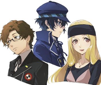  1boy 2girls black-framed_eyewear black_headband black_jacket black_ribbon black_shirt blazer blonde_hair blue_eyes blue_hair blue_hat blue_ribbon brown_eyes brown_hair closed_mouth collarbone collared_shirt commentary_request cropped_torso dress from_side gekkoukan_high_school_uniform glasses hat headband hiraga_keisuke isa_(peien516) jacket jewelry long_hair long_sleeves looking_to_the_side mifune_chihaya multiple_girls neck_ribbon necklace newsboy_cap open_mouth persona persona_3 persona_4 persona_5 pink_dress reverse_trap ribbon school_uniform semi-rimless_eyewear shirogane_naoto shirt short_hair simple_background smile spaghetti_strap undershirt white_background white_shirt wing_collar 