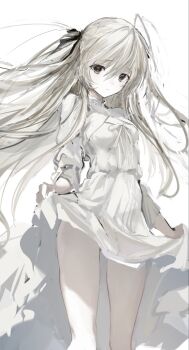  1girl ahoge black_ribbon breasts brown_eyes cleavage_cutout closed_mouth clothing_cutout cowboy_shot dress expressionless floating_hair hair_ribbon highres kasugano_sora lifting_own_clothes long_dress long_hair long_sleeves looking_at_viewer neck_ribbon ribbon simple_background skirt_hold small_breasts solo standing thighs toqha3247 two_side_up very_long_hair white_background white_dress white_hair white_ribbon yosuga_no_sora 