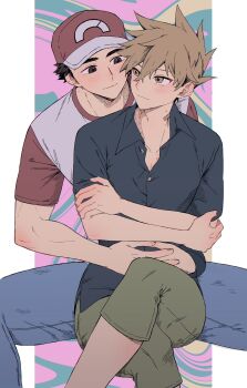  2boys black_hair black_shirt blue_oak blue_pants brown_eyes brown_hair capri_pants closed_mouth collared_shirt commentary_request crew_neck crossed_arms crossed_legs denim feet_out_of_frame highres jeans looking_to_the_side male_focus multiple_boys nintendo open_collar pants pk_rgr96 pokemon pokemon_sm raglan_sleeves red_(pokemon) shirt short_hair short_sleeves sideways_glance sitting smile spiked_hair spread_legs t-shirt yaoi 