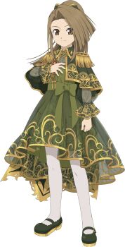  1girl artist_request black_shoes brown_eyes brown_hair dress fujibayashi_suzu full_body game_cg gold_ribbon gold_trim green_dress green_ribbon green_shoes hair_ribbon hand_on_own_chest highres long_hair looking_at_viewer official_alternate_costume official_art pantyhose ponytail ribbon shoes smile solo tales_of_(series) tales_of_asteria tales_of_phantasia third-party_source transparent_background white_pantyhose wide_ponytail 