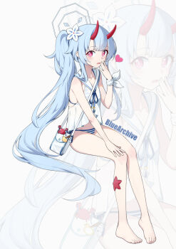  1girl absurdres bag bag_charm barefoot bikini blue_archive blue_bikini blue_hair blue_halo blue_ribbon blush breasts bright_pupils camisole charm_(object) chinese_commentary chise_(blue_archive) chise_(swimsuit)_(blue_archive) collarbone commentary_request copyright_name flower full_body hair_flower hair_ornament halo hand_on_own_knee hand_to_own_mouth hand_up heart highres horns invisible_chair irain long_hair looking_at_viewer official_alternate_costume official_alternate_hairstyle open_mouth pink_eyes red_horns ribbon sailor_bikini sailor_collar see-through_camisole see-through_clothes shoulder_bag side-tie_bikini_bottom side_ponytail sitting small_breasts solo starfish striped_bikini striped_clothes sweatdrop swimsuit toes very_long_hair white_background white_bag white_camisole white_flower white_ribbon white_sailor_collar wrist_ribbon zoom_layer 