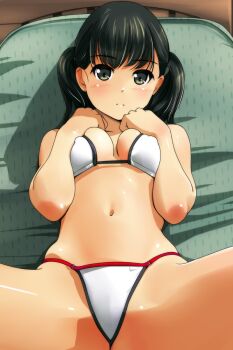 1girl bare_arms bare_shoulders bikini black_hair blunt_bangs blush breasts cleavage collarbone covered_erect_nipples crotch female_focus foreshortening green_eyes hands_on_own_chest highres long_hair looking_at_viewer lying matsunaga_kouyou medium_breasts navel on_back original parted_lips skindentation solo spread_legs stomach swimsuit tareme thighs twintails white_bikini rating:Questionable score:41 user:danbooru
