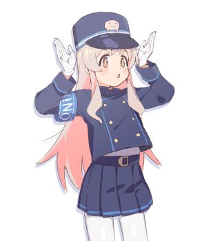  1girl absurdres armband belt black_jacket black_skirt blue_archive blush brown_eyes buttons chinese_commentary commentary commentary_request cosplay cowboy_shot double-breasted english_commentary gloves hands_up hat highres hikari_(blue_archive) hikari_(blue_archive)_(cosplay) jacket karubi_(karubi465558) long_hair long_sleeves mixed-language_commentary onii-chan_wa_oshimai! open_mouth oyama_mahiro pantyhose peaked_cap pink_hair pleated_skirt simple_background skirt solo very_long_hair white_background white_gloves white_pantyhose  rating:General score:13 user:danbooru