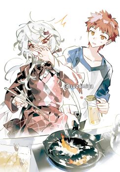  ! !? 1boy 1girl :o artist_request blush breasts closed_mouth commentary_request cooking dress emiya_shirou fate/stay_night fate_(series) flipping_food food frying_pan gaoyue_jixiang grilling hair_between_eyes highres holding holding_frying_pan kitchen long_hair looking_at_viewer multicolored_hair oc_x_canon orange_hair original red_eyes second-party_source smile stove surprised suzumiya_toru_(gaoyue_jixiang) twintails very_long_hair white_hair wide-eyed 