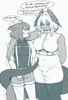  2girls arknights arm_behind_back belt blue_eyes blush breasts caffichai closed_mouth commentary covered_erect_nipples covered_navel cowboy_shot cutter_(arknights) english_commentary english_text eye_contact fang greyscale hair_between_eyes head_wings heart highres ho'olheyak_(arknights) large_breasts looking_at_another medium_hair monochrome multiple_girls open_mouth plump poking_belly red_eyes shorts simple_background snake_tail speech_bubble spoken_heart spot_color standing sweat tail talking thick_thighs thighs wings 