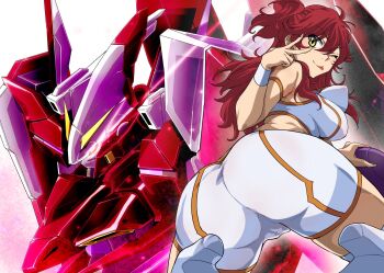  1girl artist_collaboration ass bad_haro bouncing_breasts breasts commentary_request freckles from_behind glowing glowing_eyes gundam gundam_00 gundam_throne_drei highres kneeling kuroiwa_cookie light_trail long_hair looking_at_viewer looking_back mecha medium_breasts nena_trinity one_eye_closed red_hair robot shorts smile solo thighhighs two_side_up white_shorts yellow_eyes 