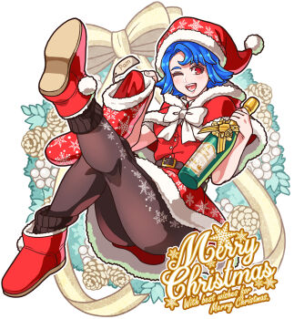  1girl ;d ankle_boots belt black_belt black_pantyhose black_socks blue_hair boots bottle bow capelet champagne_bottle christmas_stocking commentary_request dress emily_(stardew_valley) english_text fur-trimmed_capelet fur-trimmed_dress fur-trimmed_headwear fur_trim hat highres holding holding_bottle merry_christmas one_eye_closed open_mouth outstretched_leg pantyhose print_pantyhose red_boots red_capelet red_dress red_eyes red_hat ribbed_socks santa_costume santa_dress santa_hat short_dress short_hair smile snowflake_print socks solo stardew_valley tanagawa_makoto white_background white_bow 