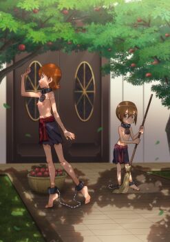  2girls absurdres barefoot bdsm bondage bound brown_eyes brown_hair collar digimon digimon_adventure full_body highres huge_filesize loli multiple_girls outdoors short_hair slave slave_clothes standing takenouchi_sora the_dark_mangaka yagami_hikari  rating:Questionable score:51 user:Twili007