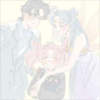 1boy 2girls ^_^ bare_shoulders bishoujo_senshi_sailor_moon black_hair blue_hair blush chiba_mamoru chibi_usa child closed_eyes commentary_request double_bun dress earrings eye_mask family hair_bun jewelry mask masso multiple_girls pink_hair sailor_moon smile tsukino_usagi tuxedo_kamen twintails wings