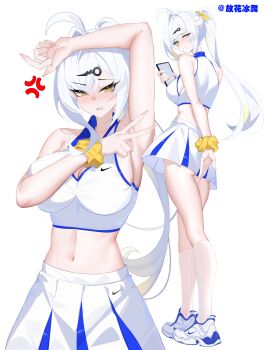  1girl absurdres ahoge alternate_costume alternate_hairstyle arm_on_own_head arm_up armpits bare_shoulders bra breasts cleavage clenched_teeth closed_mouth collarbone commentary_request fingernails guhuabingwu hair_ornament hairpin highres holding holding_phone large_breasts long_hair looking_at_viewer looking_back midriff multiple_views navel parted_lips phone ponytail scrunchie shoes simple_background single_hair_intake skirt sneakers socks sports_bra teeth underwear v white_background white_bra white_hair white_shoes white_skirt white_socks yellow_eyes yellow_scrunchie yixuan_(zenless_zone_zero) zenless_zone_zero 