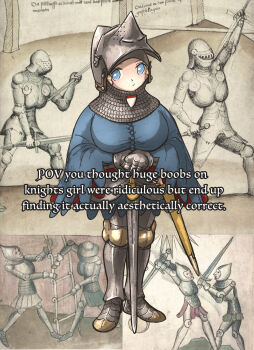  1girl armor bascinet blonde_hair blue_eyes breasts closed_mouth commentary english_commentary english_text full_body highres hounskull huge_breasts ironlily looking_at_viewer no_pupils original sheath solo standing sword titania_(ironlily) weapon 