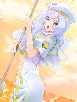  1girl akira_(tete-akira) anya_dostoyevskaya aqua_eyes aria_(manga) beret blush commentary_request cowboy_shot dress eyelashes gold_trim hat highres holding holding_oar impossible_clothes impossible_dress long_hair looking_at_viewer neckerchief oar open_mouth orange_background orange_planet_uniform purple_hair sailor_collar short_sleeves side_slit solo swept_bangs twitter_username white_dress white_hat white_sailor_collar wide-eyed yellow_neckerchief 
