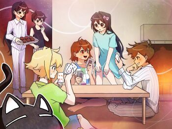 2girls 4boys alternate_costume alternate_eye_color antenna_hair aubrey_(faraway)_(omori) aubrey_(headspace)_(omori) aubrey_(headspace)_(omori)_(cosplay) aubrey_(omori) baking_sheet barefoot basil_(faraway)_(omori) basil_(omori) black_eyes black_hair black_tank_top blonde_hair blue_eyes blue_shirt blue_shorts blush bow bright_pupils brother_and_sister brothers brown_eyes brown_hair card cat checkered_clothes closed_mouth coffee_table collarbone collared_pajamas commentary_request cosplay dark-skinned_male dark_skin double-parted_bangs green_shirt hair_between_eyes hair_bow hair_intakes hero_(faraway)_(omori) hero_(headspace)_(omori) hero_(headspace)_(omori)_(cosplay) hero_(omori) highres holding holding_card holding_tray index_finger_raised kel_(faraway)_(omori) kel_(headspace)_(omori) kel_(headspace)_(omori)_(cosplay) kel_(omori) korean_commentary long_hair long_shirt long_sleeves looking_at_another mari_(faraway)_(omori) mari_(omori) mewo multiple_boys multiple_girls omori omori_(omori) omori_(omori)_(cosplay) open_mouth pajamas pants parted_lips pink_bow playing_card pyoppyop_omori shirt short_hair short_sleeves shorts siblings sidelocks sitting smile standing striped_clothes striped_pajamas striped_pants striped_shorts sunny_(omori) sweatdrop t-shirt table tank_top tray vertical-striped_clothes vertical-striped_pajamas vertical-striped_pants vertical-striped_shorts white_pajamas white_pants white_pupils white_shorts 