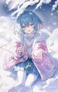  1girl :d absurdres blonde_hair blue_eyes blue_hair blue_skirt blue_umbrella character_doll coat colored_inner_hair doll english_text feet_out_of_frame fur-trimmed_jacket fur_trim hair_between_eyes hair_bun hair_intakes hair_ornament highres holding holding_umbrella jacket ke_song_da_ren_ye leg_warmers long_sleeves looking_at_viewer medium_hair multicolored_hair open_clothes open_hand open_jacket open_mouth original outdoors outstretched_arm outstretched_hand pantyhose pink_coat pink_jacket pink_sweater plaid_clothes plaid_skirt pleated_skirt pom_pom_(clothes) puffy_long_sleeves puffy_sleeves reaching reaching_towards_viewer short_hair sitting skirt smile snow snowing socks solo stuffed_toy sweater teeth turtleneck turtleneck_sweater two-tone_hair umbrella upper_teeth_only virtual_youtuber white_pantyhose white_socks white_sweater winter 