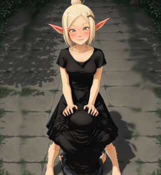 1boy 1girl assertive_female bad_tag black_dress blonde_hair blush cunnilingus dress elf fellatio femdom green_eyes grin head_under_dress head_under_skirt interracial irrumatio lihliwen_regalia_losarfiel oral original pointy_ears sex smile standing standing_sex suggestive_gesture