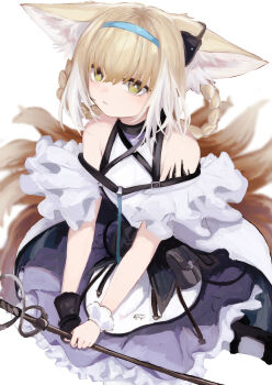  1girl absurdres animal_ears arknights bare_shoulders blonde_hair blue_dress blue_hairband braid braided_hair_rings colored_tips commentary dress earpiece fox_ears fox_girl fox_tail gloves green_eyes hair_rings hairband highres holding holding_staff kitsune kyuubi material_growth multicolored_hair multiple_tails oripathy_lesion_(arknights) parted_lips simple_background single_glove solo staff suzukano_pon suzuran_(arknights) tail twin_braids two-tone_hair white_background white_hair 