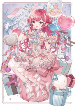  1girl :d ankle_lace-up balloon blue_bow blue_bowtie blue_choker blush border bow bowtie box cake character_request choker commentary_request copyright_request dot_nose double_bun dress flower food frilled_choker frills full_body gift gift_box gloves hair_bun hair_ornament hairclip heart_balloon highres holding holding_spoon long_hair niwako open_mouth parallel_hairclips pink_dress pink_eyes pink_hair pink_shoes purple_flower purple_rose rose shoes short_sleeves sitting smile solo spoon white_border white_gloves 