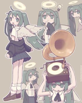  1girl alternate_costume angel angel_wings aqua_eyes aqua_hair artist_name black_sweater blush brown_shoes brown_theme commentary crossover english_commentary feathered_wings glowing glowing_halo grey_wings haibane_renmei halo hatsune_miku highres kurohanenone light_bulb long_hair multiple_views necktie object_on_head off_shoulder open_mouth outline phonograph pleated_skirt school_uniform shirt shoes simple_background skirt socks spoken_light_bulb sweater traditional_halo twintails very_long_hair vocaloid white_outline white_shirt white_socks wings 