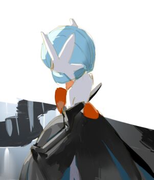  alternate_color black_dress black_gloves blue_hair bob_cut closed_eyes colored_skin dress elbow_gloves gardevoir gen_3_pokemon gloves lowres mega_gardevoir mega_pokemon nintendo pokemon pokemon_(creature) raine_(acke2445) shiny_pokemon simple_background strapless strapless_dress white_background white_skin 